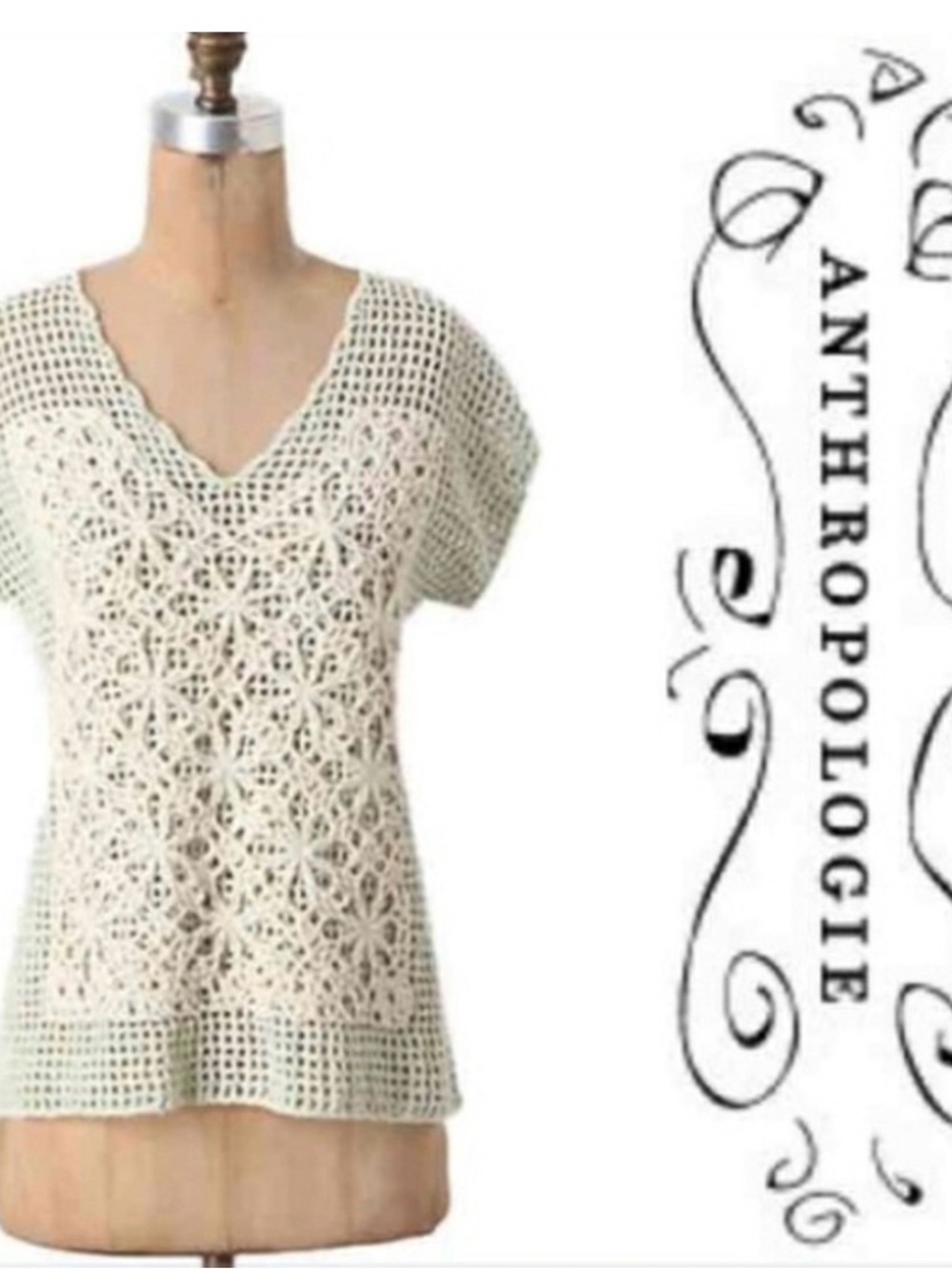 Anthropologie Field Flower Crochet Floral Boho Top Mint Cream L